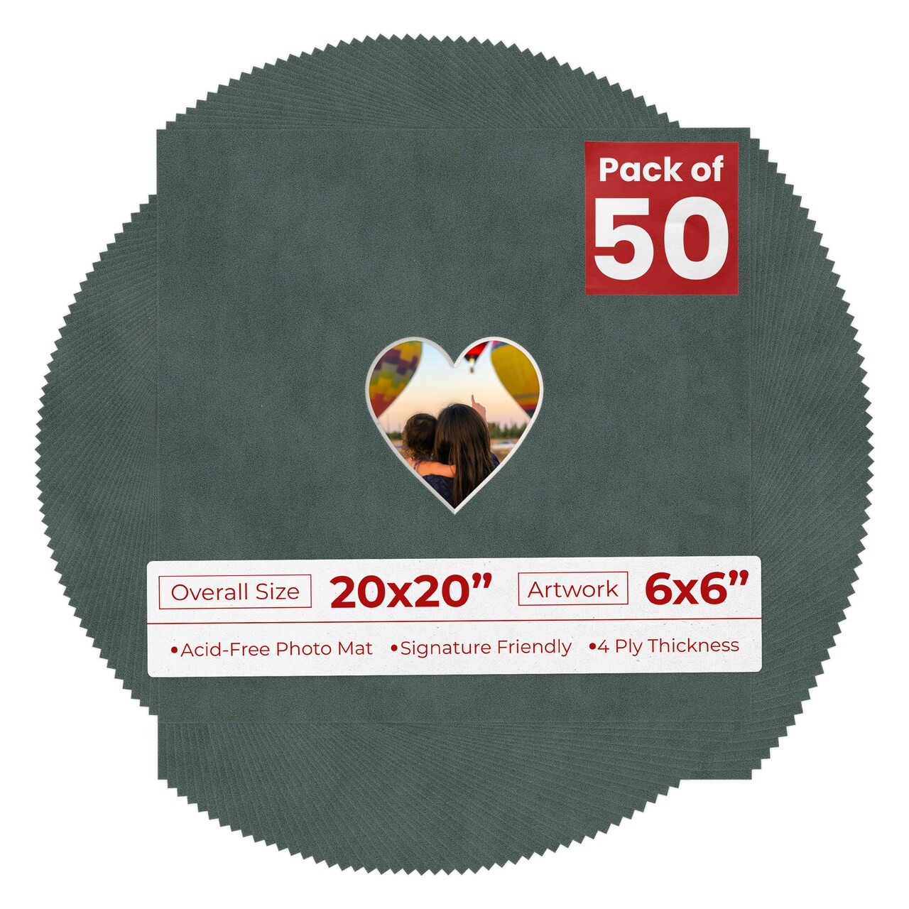 Dark Grey Suede Mat Board for 20x20 Frames - Heart Opening for 6x6 Photos
